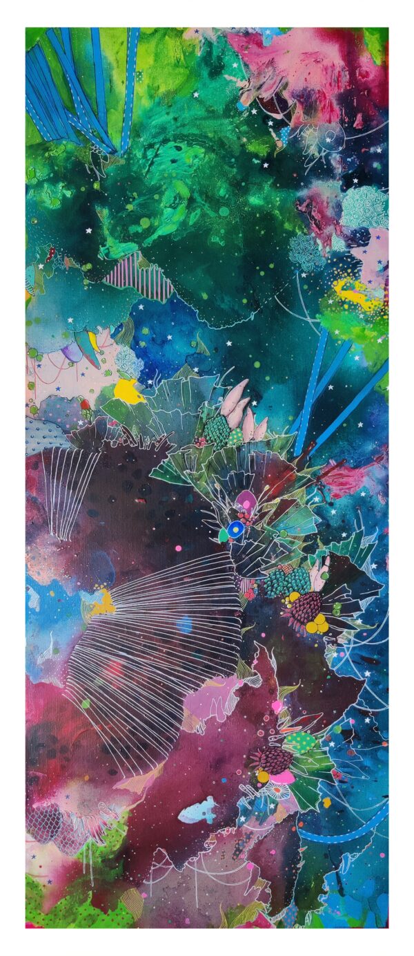 Asma Kazi artwork depicting a surreal extraterrestrial landscape with colorful blooming forms, cosmic trails, and a fantastical ecosystem inspired by nature and the cosmos.