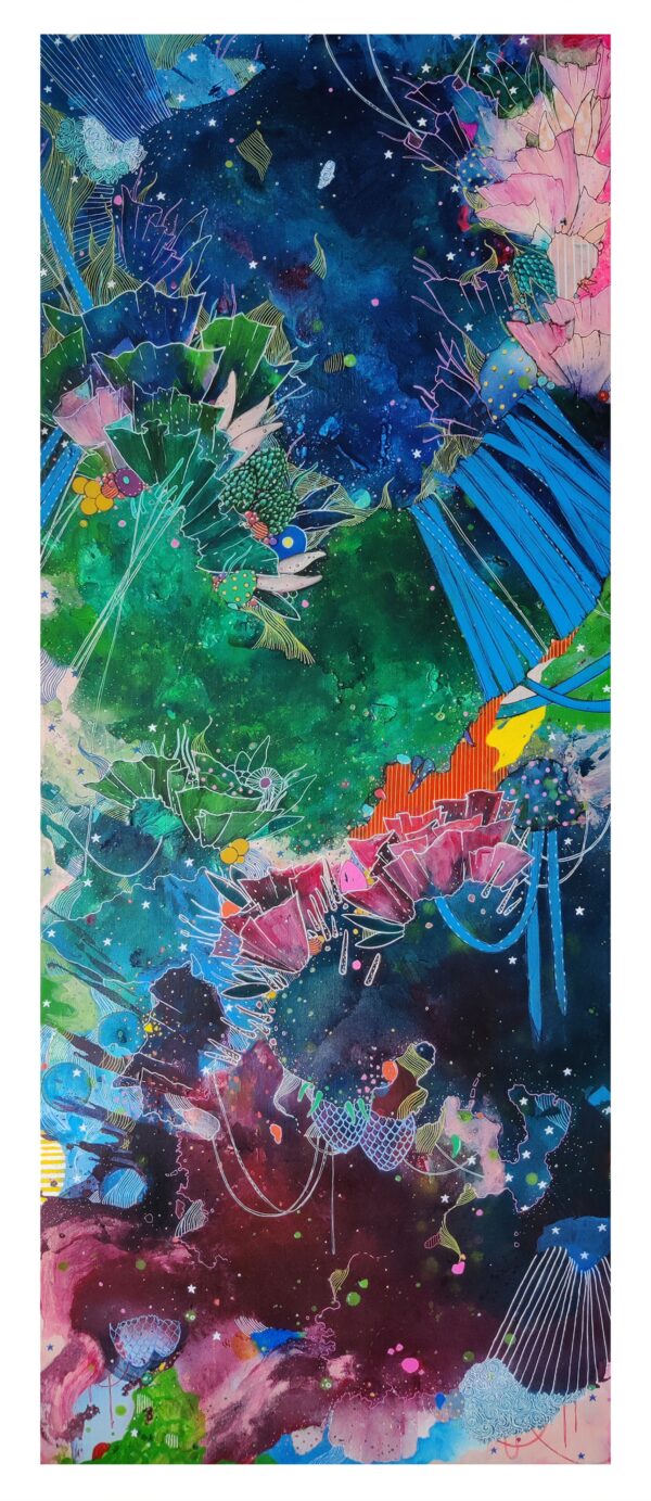 Asma Kazi artwork depicting a surreal extraterrestrial landscape with colorful blooming forms, cosmic trails, and a fantastical ecosystem inspired by nature and the cosmos.