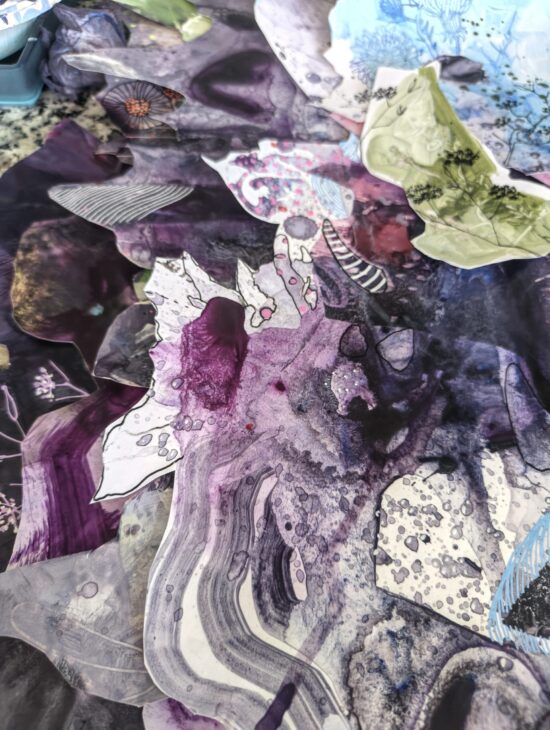 painted collage pieces from the studio of artist asma kazi
