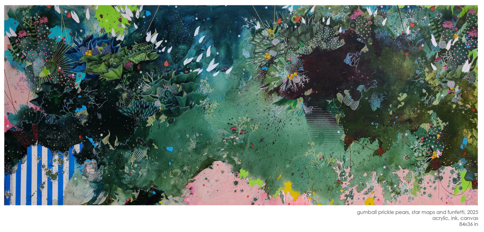 Abstract mixed media artwork by Asma Kazi featuring imagery of a speculative ecology featuring faux fungi, coral like elements, pink polka dotted prickle pears and florals in a olive green, prussian blue, pink, brown and red color scheme