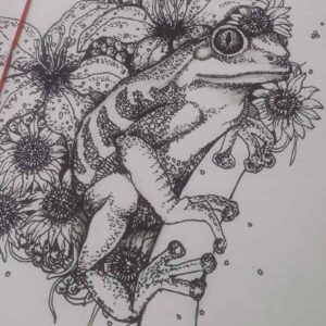 A stylized pen and ink drawing of a tree frog surrounded my lilies and other flora